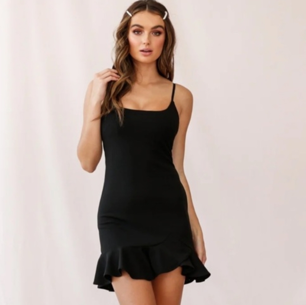 Saints + Secrets Black Ruffle Hem Mini Dress - Size Small